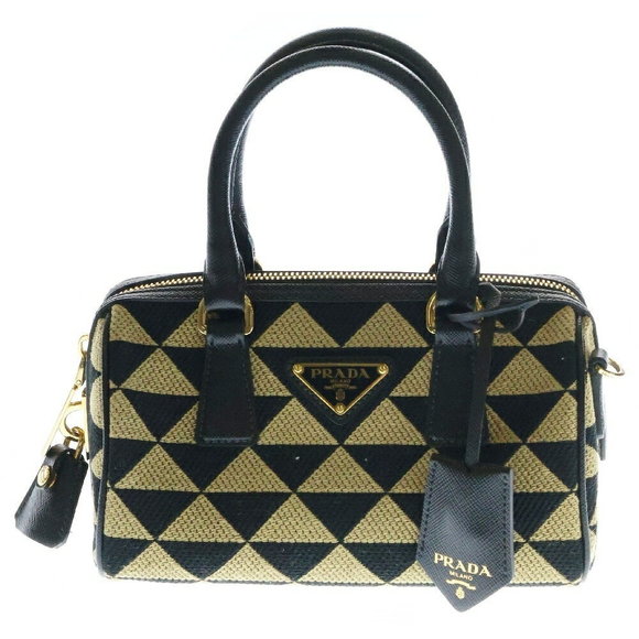 Prada Embroidery Shoulder Bag Beige Black - Picture 1 of 6